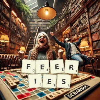 Creative illustration for a Scrabble game with the word FEERIES spelled out in tiles on the board.