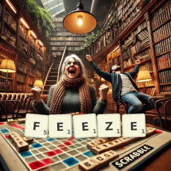Creative illustration for a Scrabble game with the word FEEZE spelled out in tiles on the board.