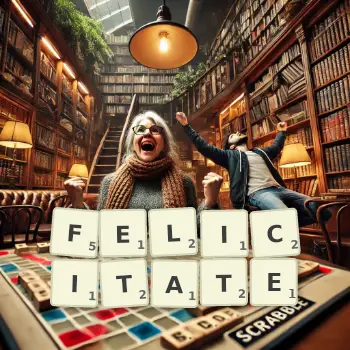 Creative illustration for a Scrabble game with the word FELICITATE spelled out in tiles on the board.