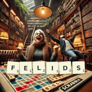 Creative illustration for a Scrabble game with the word FELIDS spelled out in tiles on the board.