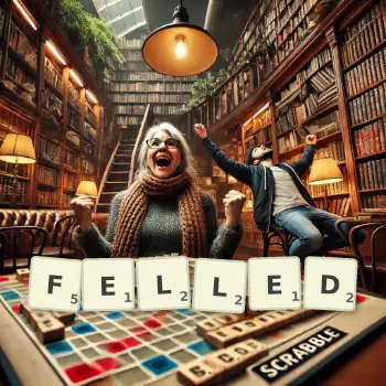 Creative illustration for a Scrabble game with the word FELLED spelled out in tiles on the board.