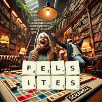 Creative illustration for a Scrabble game with the word FELSITES spelled out in tiles on the board.