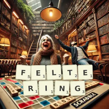Creative illustration for a Scrabble game with the word FELTERING spelled out in tiles on the board.