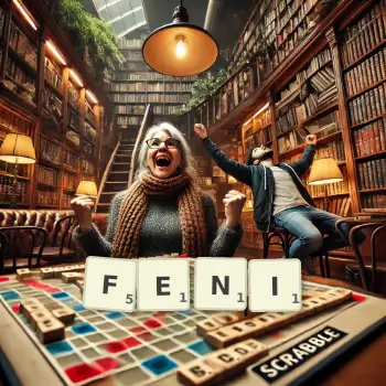 Creative illustration for a Scrabble game with the word FENI spelled out in tiles on the board.