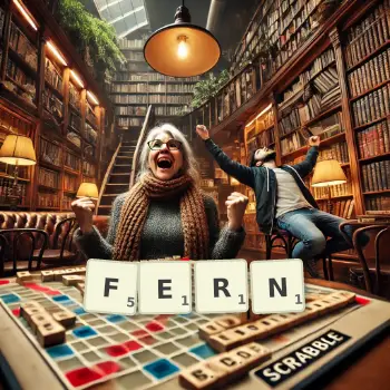 Creative illustration for a Scrabble game with the word FERN spelled out in tiles on the board.