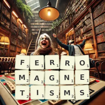 Creative illustration for a Scrabble game with the word FERROMAGNETISMS spelled out in tiles on the board.