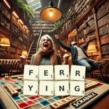 Creative illustration for a Scrabble game with the word FERRYING spelled out in tiles on the board.