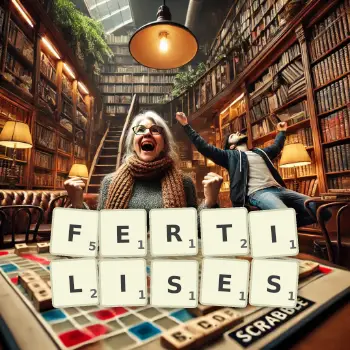 Creative illustration for a Scrabble game with the word FERTILISES spelled out in tiles on the board.