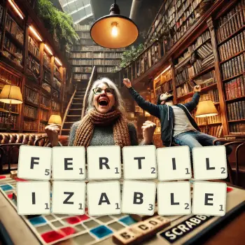 Creative illustration for a Scrabble game with the word FERTILIZABLE spelled out in tiles on the board.