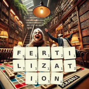 Creative illustration for a Scrabble game with the word FERTILIZATION spelled out in tiles on the board.