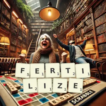 Creative illustration for a Scrabble game with the word FERTILIZE spelled out in tiles on the board.