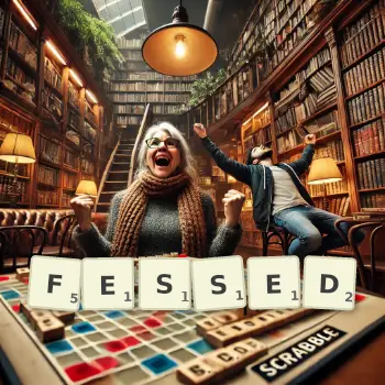 Creative illustration for a Scrabble game with the word FESSED spelled out in tiles on the board.
