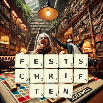 Creative illustration for a Scrabble game with the word FESTSCHRIFTEN spelled out in tiles on the board.