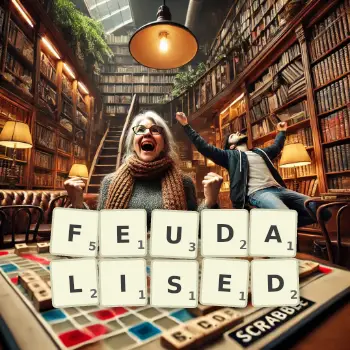 Creative illustration for a Scrabble game with the word FEUDALISED spelled out in tiles on the board.