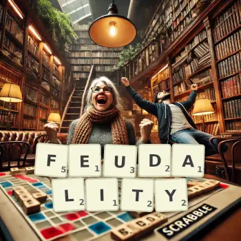 Creative illustration for a Scrabble game with the word FEUDALITY spelled out in tiles on the board.