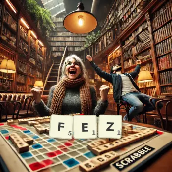 Creative illustration for a Scrabble game with the word FEZ spelled out in tiles on the board.