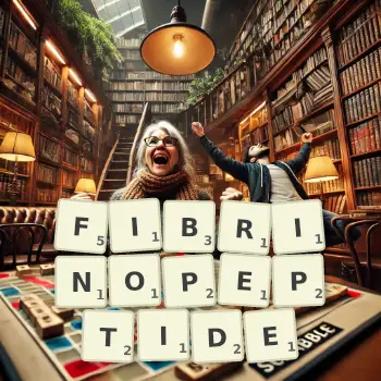 Creative illustration for a Scrabble game with the word FIBRINOPEPTIDE spelled out in tiles on the board.