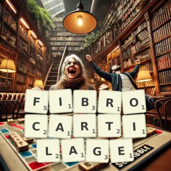 Creative illustration for a Scrabble game with the word FIBROCARTILAGE spelled out in tiles on the board.