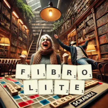 Creative illustration for a Scrabble game with the word FIBROLITE spelled out in tiles on the board.
