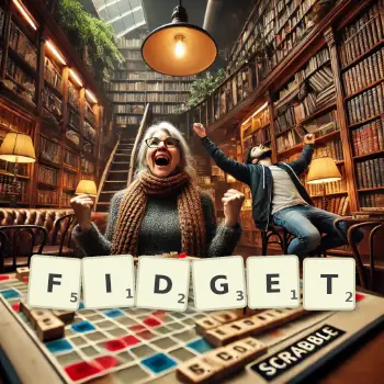Creative illustration for a Scrabble game with the word FIDGET spelled out in tiles on the board.