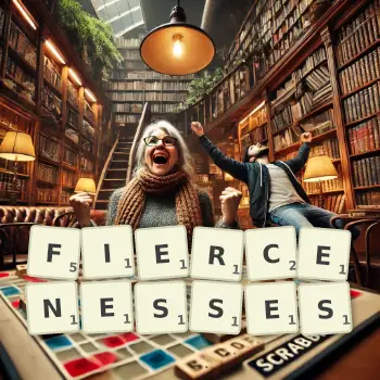 Creative illustration for a Scrabble game with the word FIERCENESSES spelled out in tiles on the board.