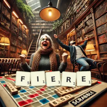 Creative illustration for a Scrabble game with the word FIERE spelled out in tiles on the board.