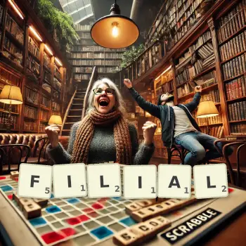 Creative illustration for a Scrabble game with the word FILIAL spelled out in tiles on the board.
