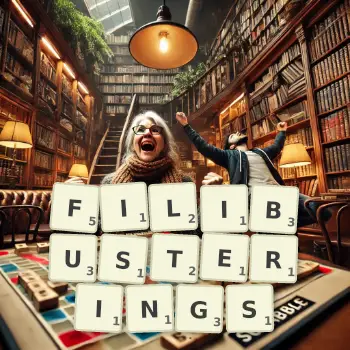 Creative illustration for a Scrabble game with the word FILIBUSTERINGS spelled out in tiles on the board.