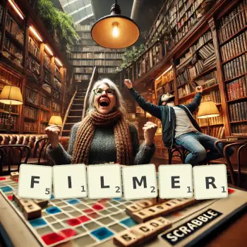Creative illustration for a Scrabble game with the word FILMER spelled out in tiles on the board.