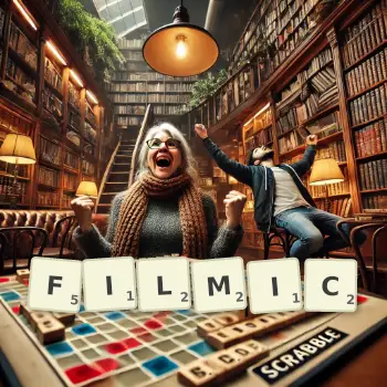 Creative illustration for a Scrabble game with the word FILMIC spelled out in tiles on the board.