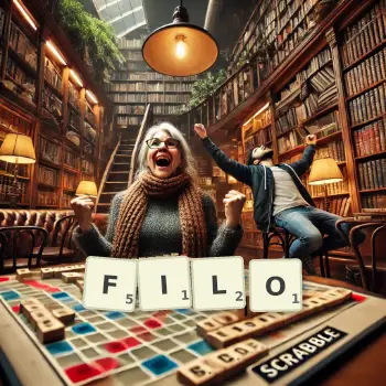 Creative illustration for a Scrabble game with the word FILO spelled out in tiles on the board.