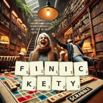 Creative illustration for a Scrabble game with the word FINICKETY spelled out in tiles on the board.