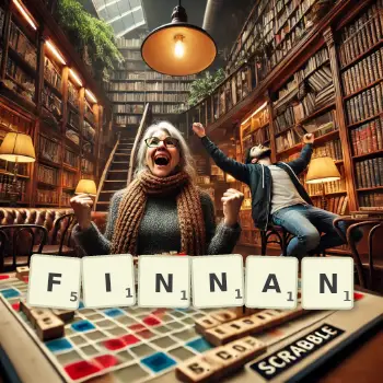 Creative illustration for a Scrabble game with the word FINNAN spelled out in tiles on the board.