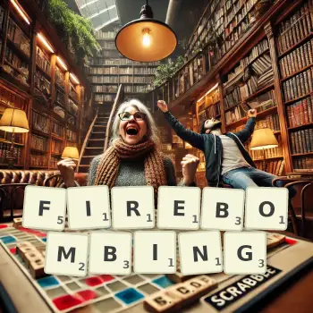 Creative illustration for a Scrabble game with the word FIREBOMBING spelled out in tiles on the board.