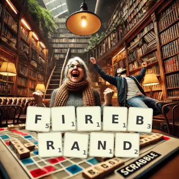 Creative illustration for a Scrabble game with the word FIREBRAND spelled out in tiles on the board.