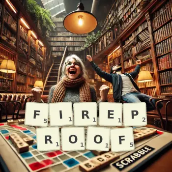 Creative illustration for a Scrabble game with the word FIREPROOF spelled out in tiles on the board.