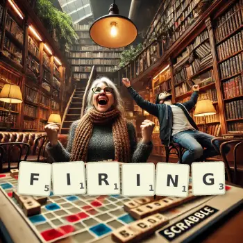Creative illustration for a Scrabble game with the word FIRING spelled out in tiles on the board.