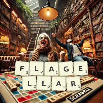 Creative illustration for a Scrabble game with the word FLAGELLAR spelled out in tiles on the board.
