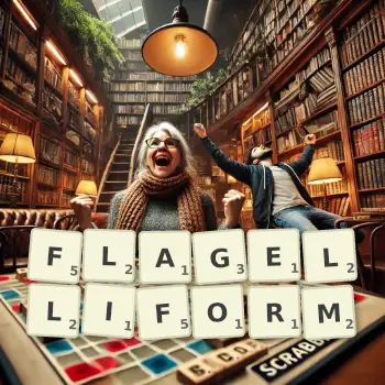 Creative illustration for a Scrabble game with the word FLAGELLIFORM spelled out in tiles on the board.