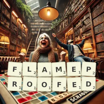Creative illustration for a Scrabble game with the word FLAMEPROOFED spelled out in tiles on the board.