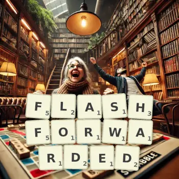 Creative illustration for a Scrabble game with the word FLASHFORWARDED spelled out in tiles on the board.
