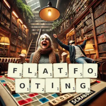 Creative illustration for a Scrabble game with the word FLATFOOTING spelled out in tiles on the board.