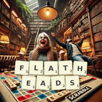 Creative illustration for a Scrabble game with the word FLATHEADS spelled out in tiles on the board.
