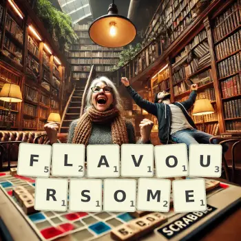 Creative illustration for a Scrabble game with the word FLAVOURSOME spelled out in tiles on the board.