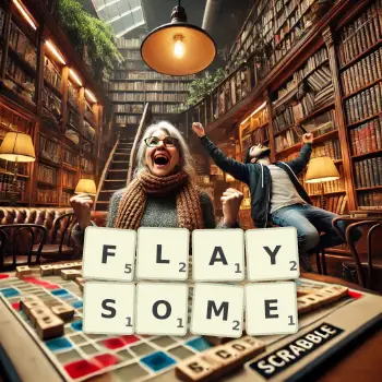 Creative illustration for a Scrabble game with the word FLAYSOME spelled out in tiles on the board.