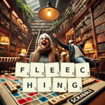 Creative illustration for a Scrabble game with the word FLEECHING spelled out in tiles on the board.