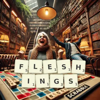 Creative illustration for a Scrabble game with the word FLESHINGS spelled out in tiles on the board.