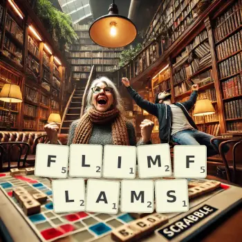 Creative illustration for a Scrabble game with the word FLIMFLAMS spelled out in tiles on the board.