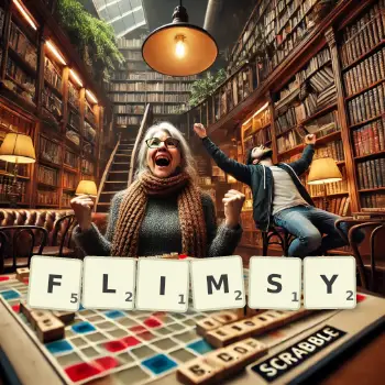 Creative illustration for a Scrabble game with the word FLIMSY spelled out in tiles on the board.