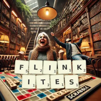 Creative illustration for a Scrabble game with the word FLINKITES spelled out in tiles on the board.
